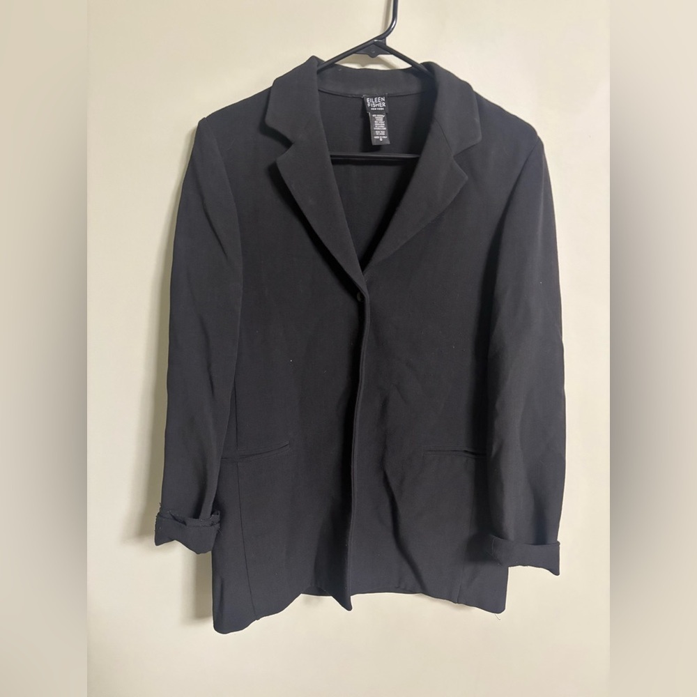 Eileen Fisher Size Small Black Wool Blend Single Button Blazer Classic Capsule
